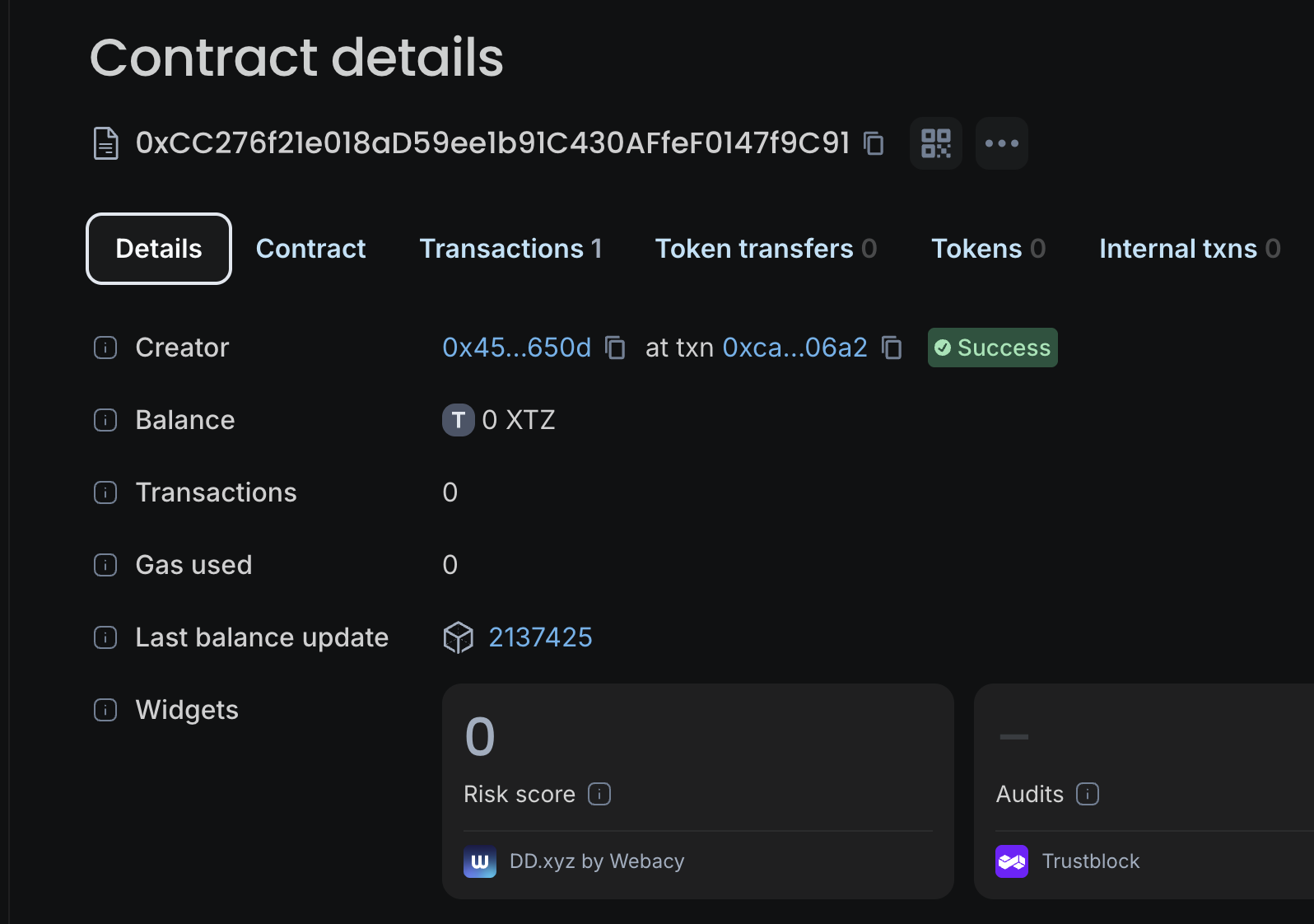 The deployed contract in the block explorer, showing only the origination transaction