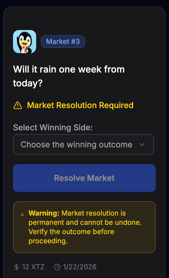 The resolution card, showing the button to resolve the market
